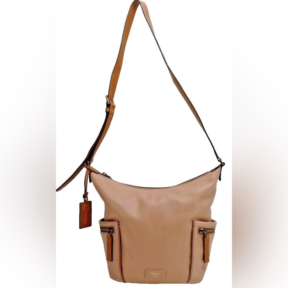 Fossil Emerson Small Hobo ShellPink Leather Shoulder Handbag +Logo Key Tag